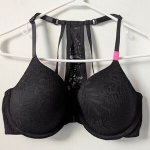Victoria's Secret PINK Front Close Black Lace Lightly Lined Bra Size 34D NEW